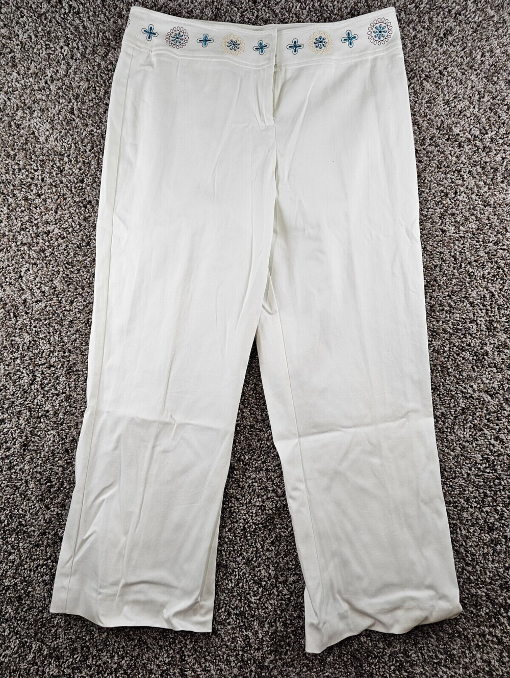 Haggar Womens Sz 14 Straight Leg Dress Pants White w/ Blue Embroidered Waist